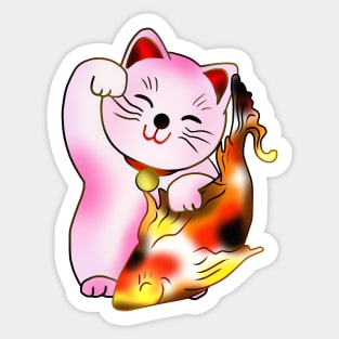 Right paw pink maneki neko lucky cat with fish Sticker